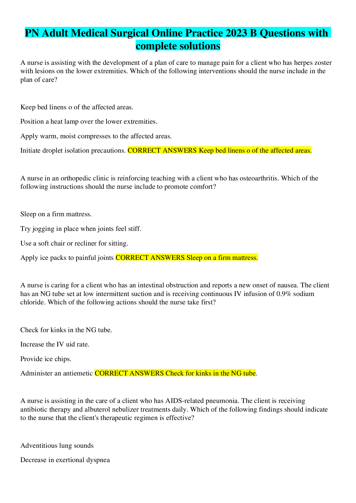 Preview image for PN Adult Medical Surgical Online Practice 2023 B Questions with complete solutions
